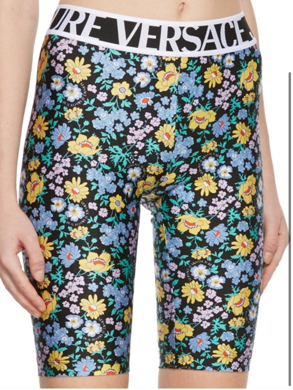 Versace Floral Black Bike Shorts with Yellow & Blue Blooms